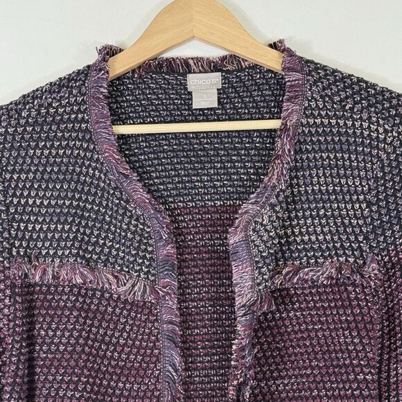 Chico's Womens 3 XL Purple Ombre Fringe Boucle Knit Open Front Cardigan Jacket - Picture 3 of 8